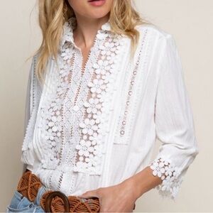 Stitched Patterned White Vintage Boho Lace Trim 3/4 sleeve Blouse size small